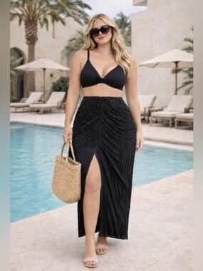 Good American Always Fit Plissé Maxi Coverup Skirt Black Sz 5/6 (2X/3X) Vacation